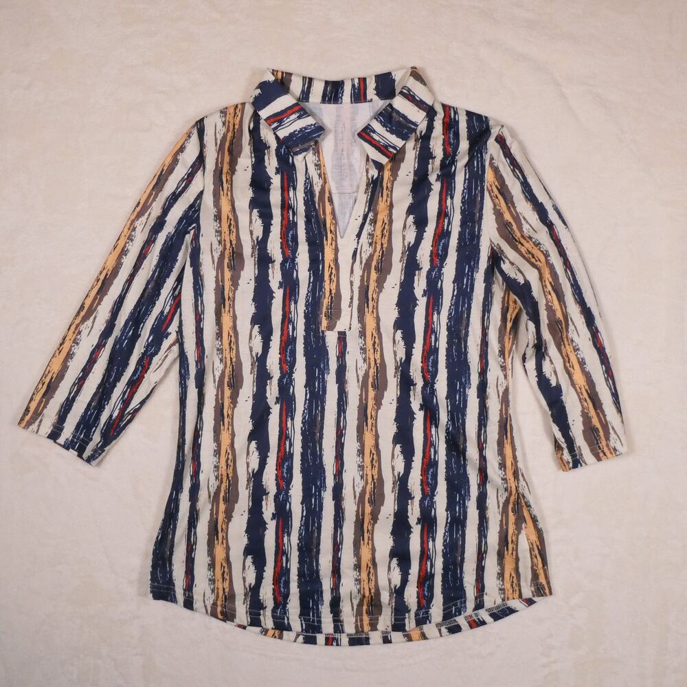 Deep V Neck Striped Blue Top Size M 1/2 Sleeve Collared Vertical Stripe Boho 70s